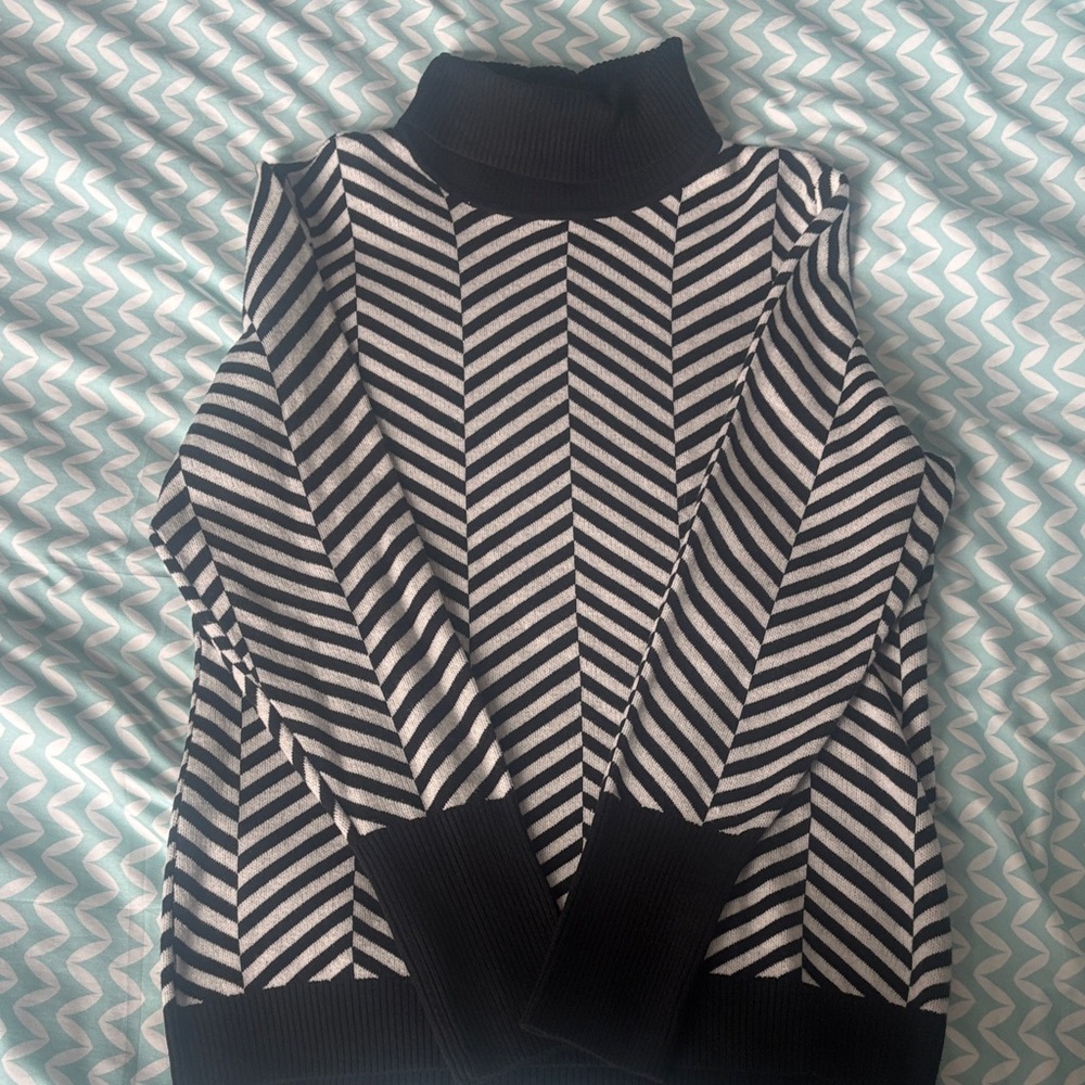 Black and White Striped Turtleneck Sweater